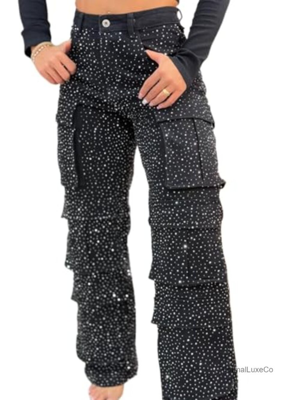 Rhinestone Pearl Wide Leg Straight Baggy Denim Jeans Cargo Pants